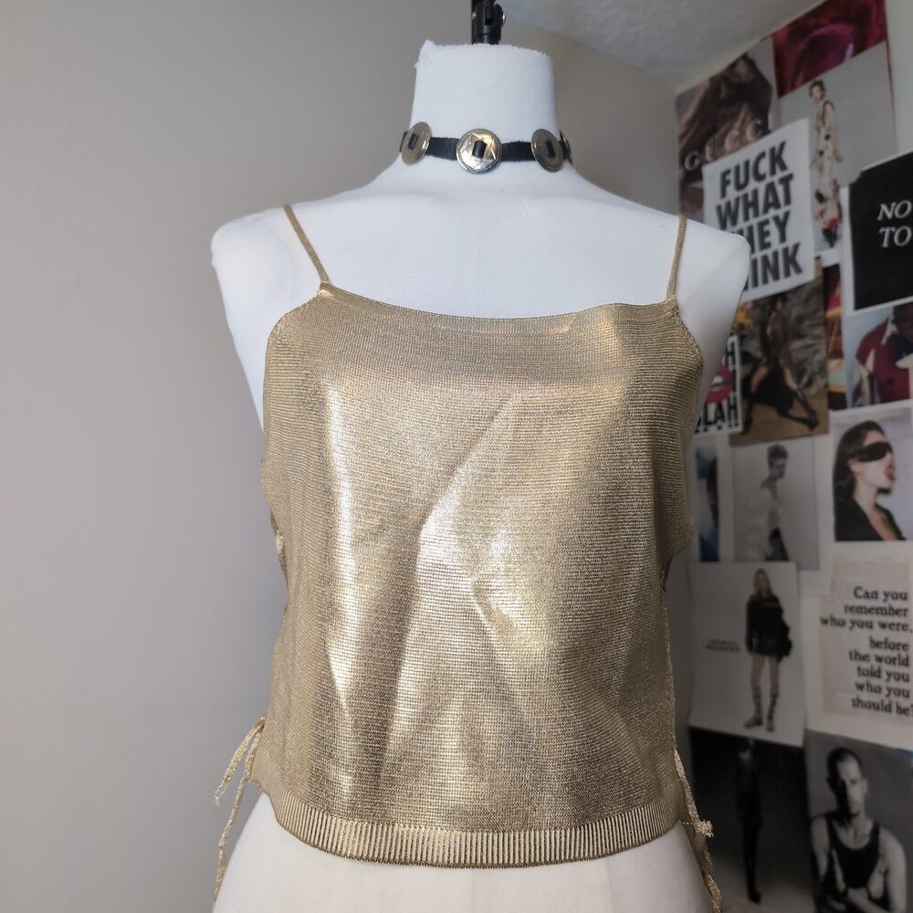Metallic Gold Knit Lace Up Cami Top